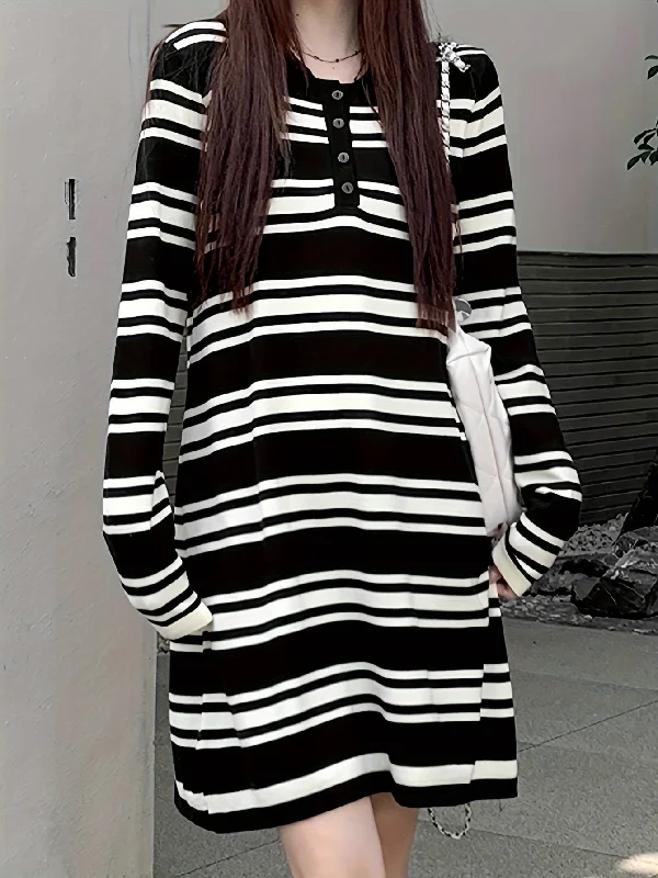 Sixsr Stripe Print Button Collared Dress, Casual Long Sleeve Loose Knit Dress, Women's Clothing