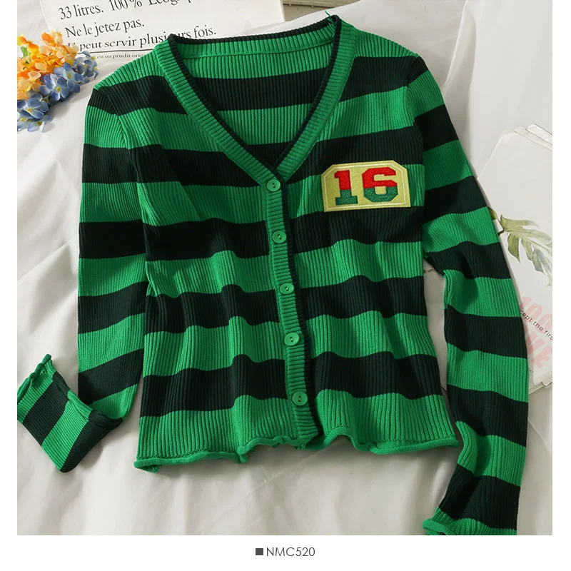 Striped single breasted cardigan long sleeved sweater for women  2061