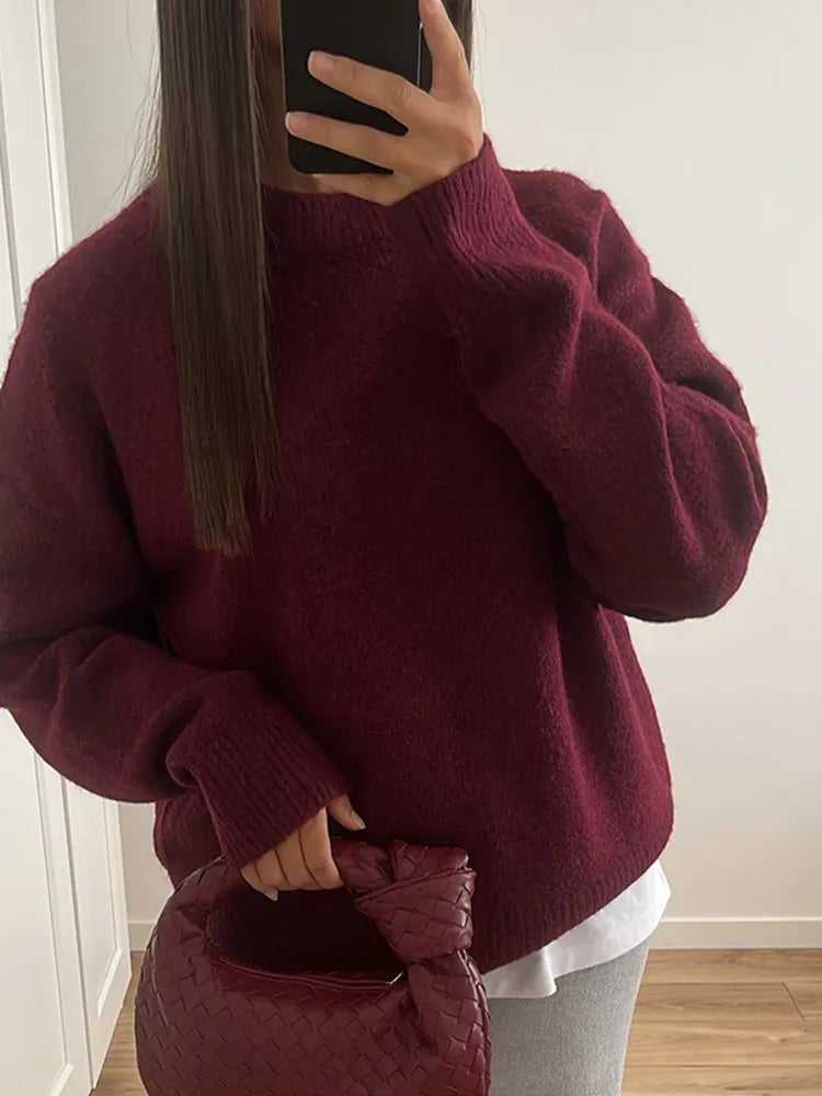 Elegant Solid Round Neck Knitted Pullover Women Casual Long Sleeves Loose 2024 New Fashion Sweater