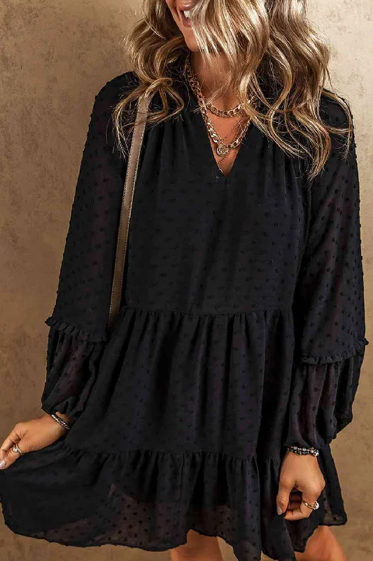 Swiss Dot V-Neck Ruffle Trim Mini Tiered Long Sleeve Dress