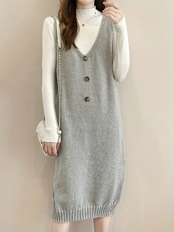 Sixsr Plunging Solid Midi Dress, Elegant Sleeveless Knitted Dress With Buttons, Women's Clothing