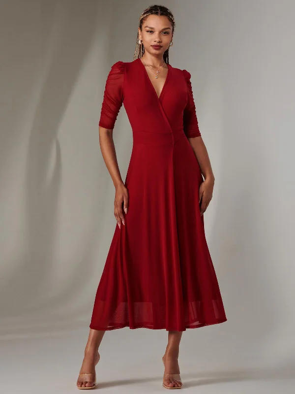 Zeena Plain Wrap Mesh Maxi Dress, Wine