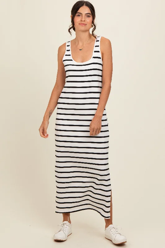 Black Striped Sleeveless Side Slit Maxi Dress