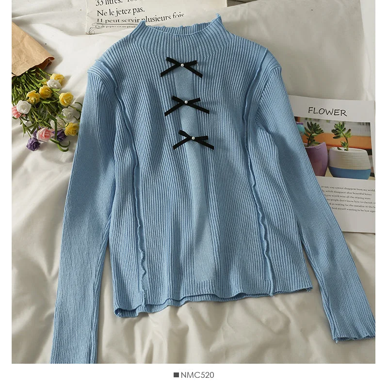 Korean bow decorative nail bead half high neck sweater for women  2053