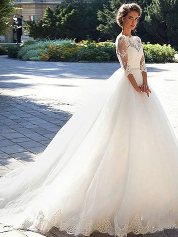 3/4 Sleeve Boat Neck Applique A Line Wedding Dresses