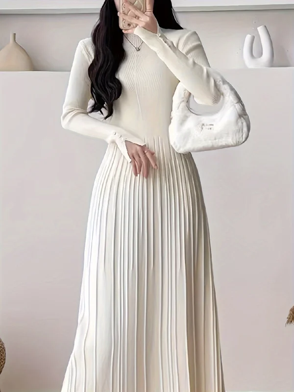 Sixsr Solid Sweater Maxi Dress, Elegant Mock Neck Long Sleeve Dress, Women's Clothing