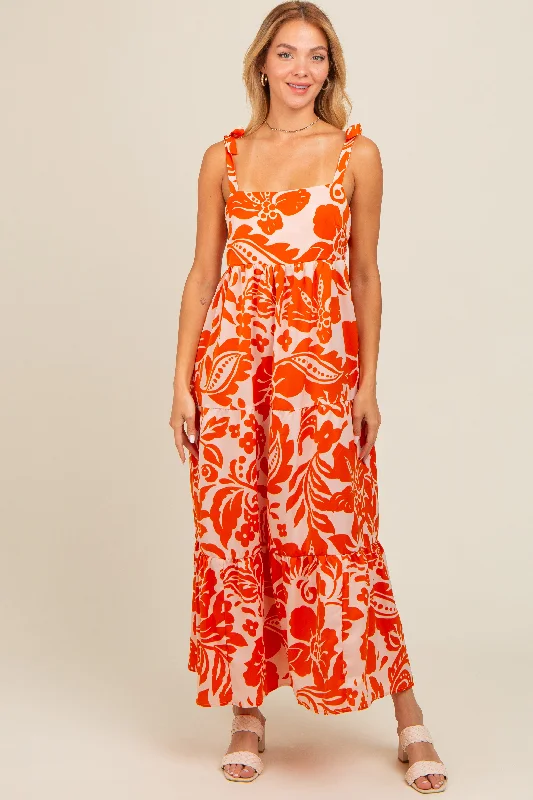 Orange Tropical Floral Shoulder Tie Tiered Midi Dress