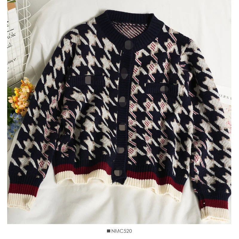 Hong Kong style retro thousand bird check color matching single breasted sweater for women  2056