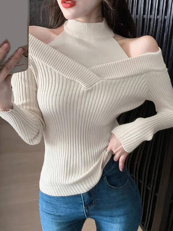 Sixsr Cold Shoulder Choker Neck Sweater, Chic Long Sleeve Sweater For Fall & Winter, Women's Clothing