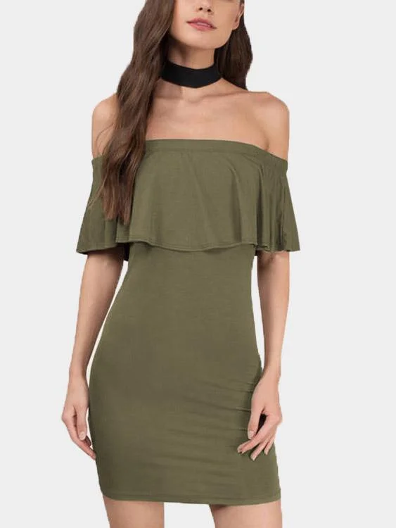 Wholesale Army Green Off The Shoulder Short Sleeve Backless Mini Dress