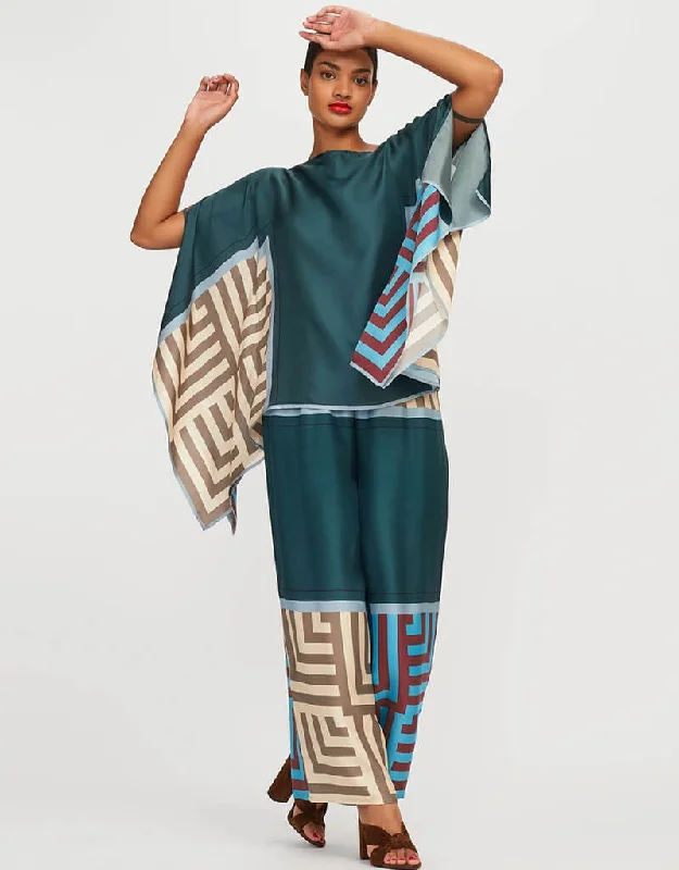 Teal Fancy Soft Satin Silk Kaftan Co-Ord Set