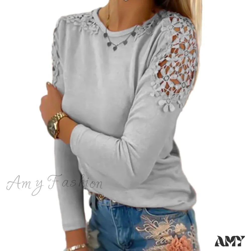 Amy Fashion - Pure Color Slim Lace Patchwork T-Shirt