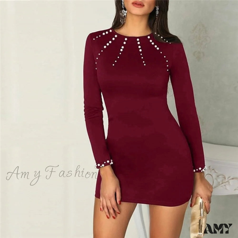 Amy Fashion - Long Sleeve O-neck Elegant Solid Slim Mini Dress