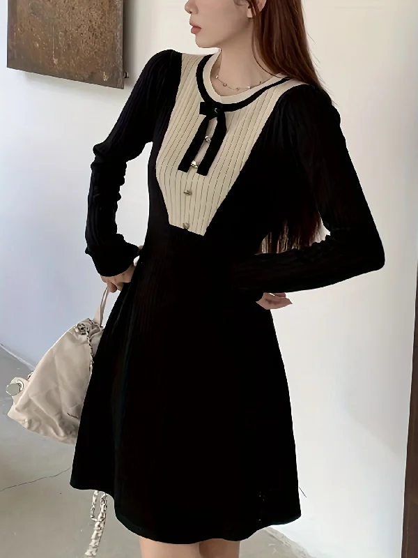 Sixsr Color Block Button Decor Dress, Elegant Long Sleeve A-line Knit Tied Dress, Women's Clothing