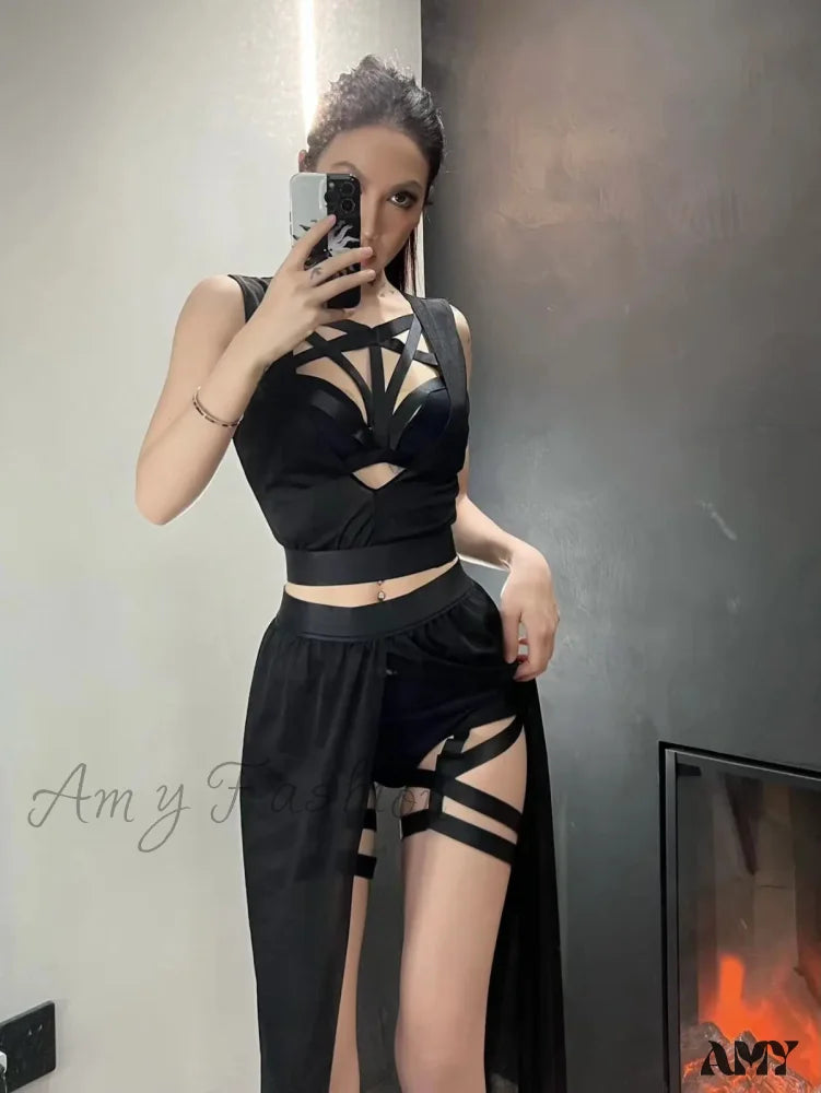 Goth Club Mesh Sexy Black Corsets Skirt Set Women Sleeveless Bra Bandage Slit Skirt Crop Top