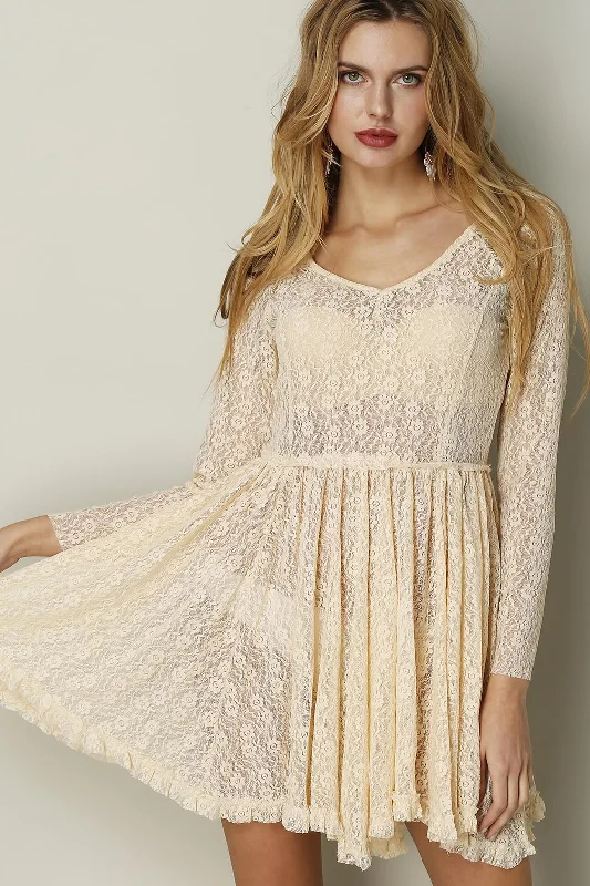 Wholesale Apricot Round Neck Long Sleeve Lace Ruffle Hem Mini Dress