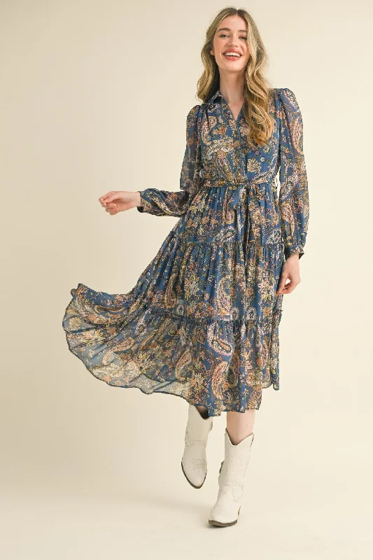 Denim Blue Paisley Print Button Down Midi Dress