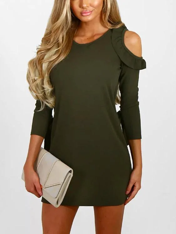 Wholesale Army Green Round Neck Cold Shoulder 3/4 Length Sleeve Mini Dress