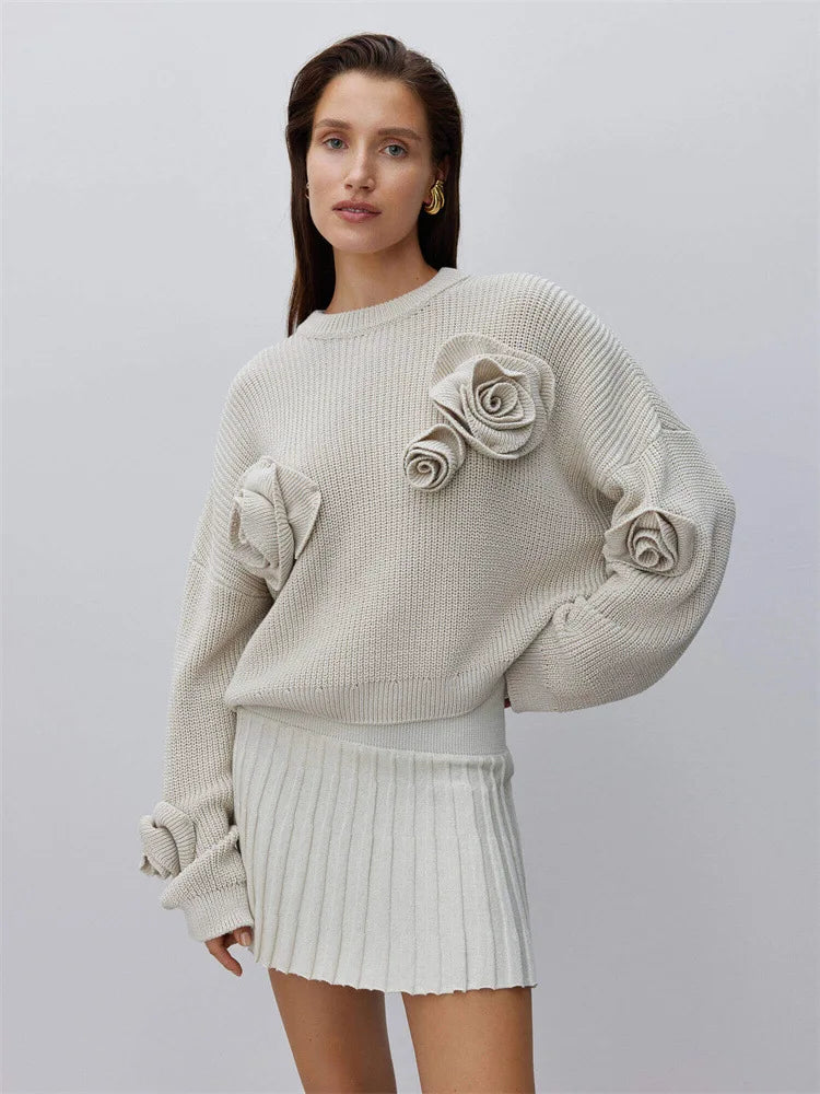 Fashion 3D Rose Round Neck Knitted Pullover Women Casual Long Sleeves Loose Sweater