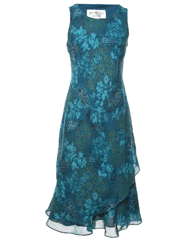 Teal Floral Print Dress - M