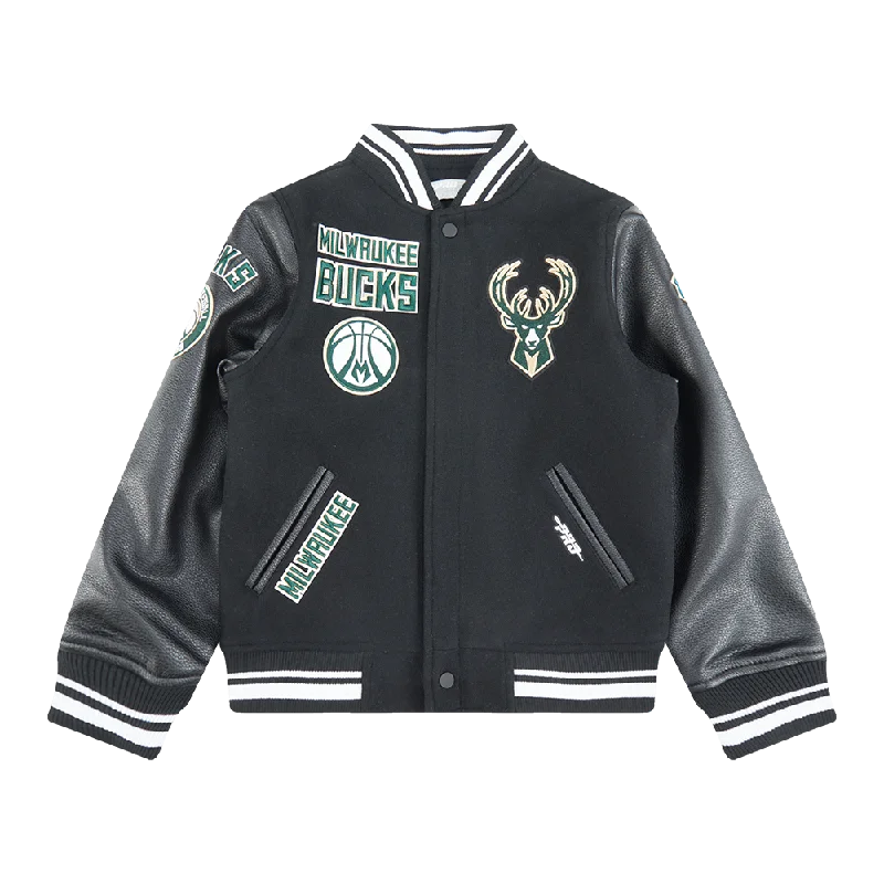 NBA MILWAUKEE BUCKS RETRO CLASSIC BIG BOYS RIB WOOL VARSITY JACKET (BLACK)