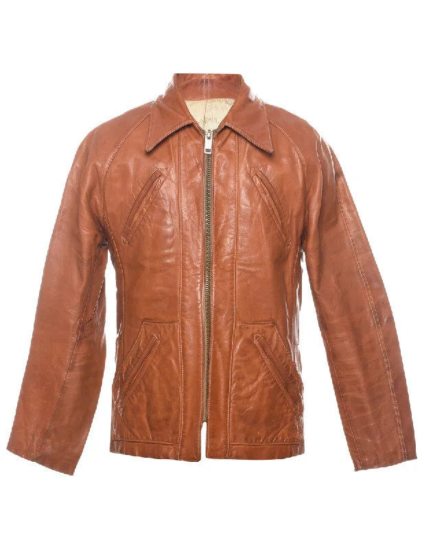 Tan Zip-Front Leather Jacket - S