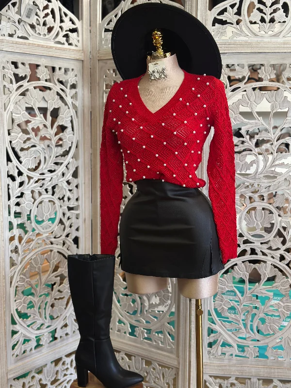 Red Netted Pearl Knit Sweater