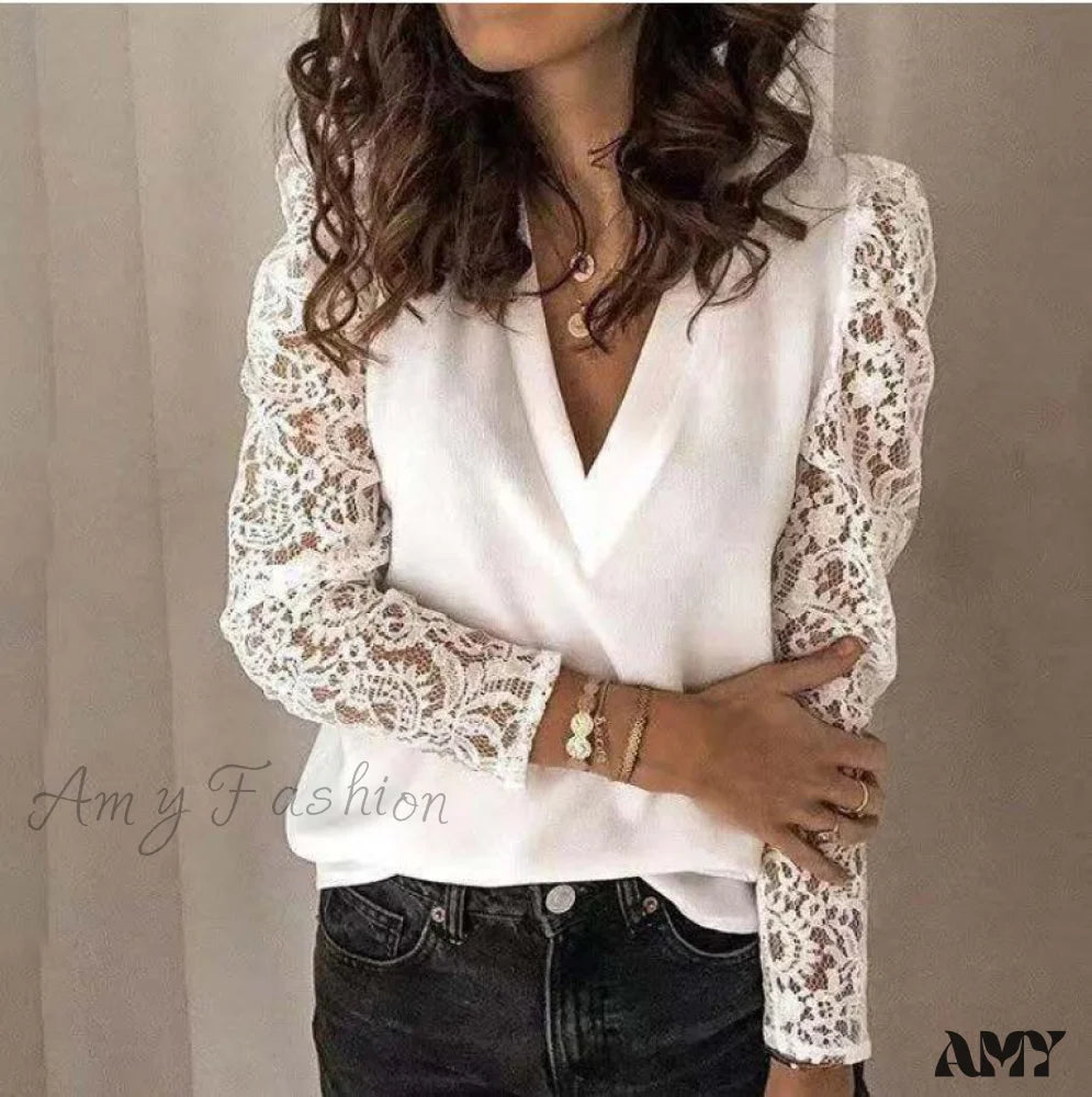 Amy Fashion - V-neck Lace Hollow Out Top