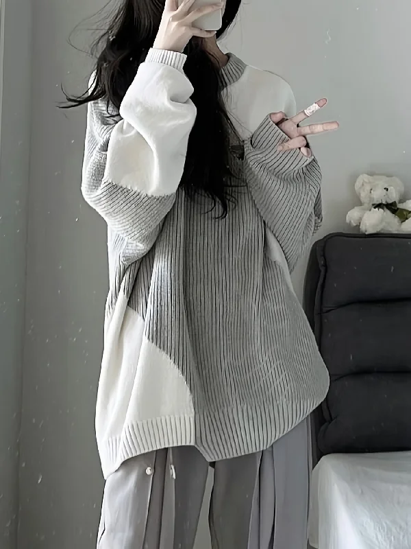 Sixsr Color Block Oversized Pullover Sweater, Casual Crew Neck Long Sleeve Sweater, Women's Clothing