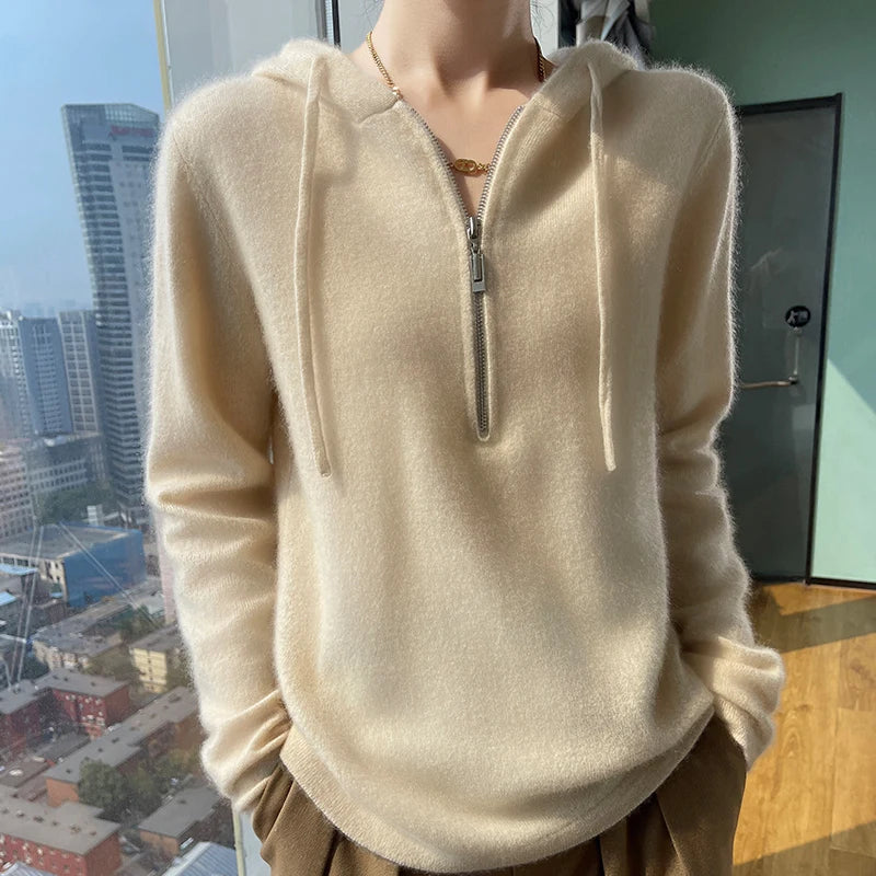 Women Merino Wool Pullover Autumn Long Sleeve Cashmere Knitted Hoodie Clothes Sweater