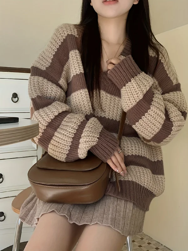 Sixsr Striped V Neck Pullover Sweater, Casual Long Sleeve Drop Shoulder Sweater, Women's Clothing