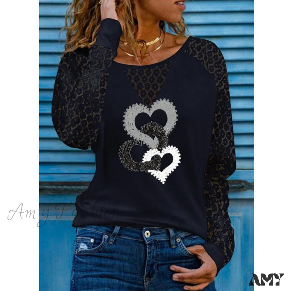 Amy Fashion - Love Printed Lace Long Sleeve Casual Tee