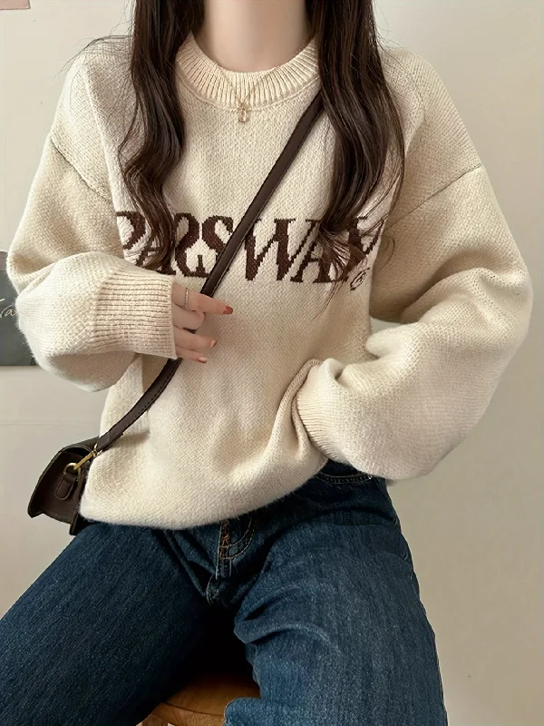 Sixsr Letter Pattern Crew Neck Pullover Sweater, Casual Long Sleeve Drop Shoulder Sweater, Women's Clothing