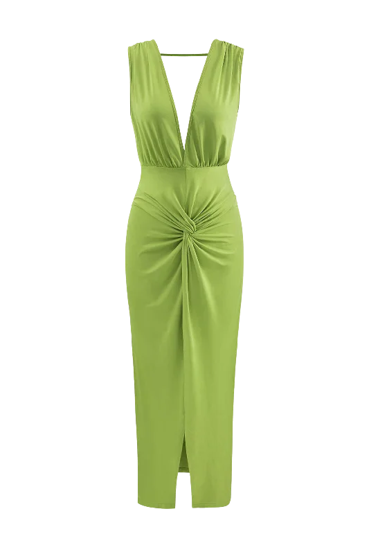 A&A Summer Ruched Backless V Slit Women Bodycon Maxi Dress