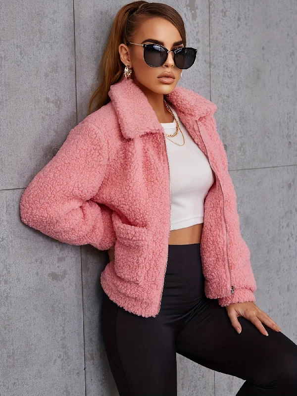 Sixsr Solid Zipper Up Lapel Neck Plush Coat, Casual Long Sleeve Outerwear For Fall & Winter, Women's Clothing