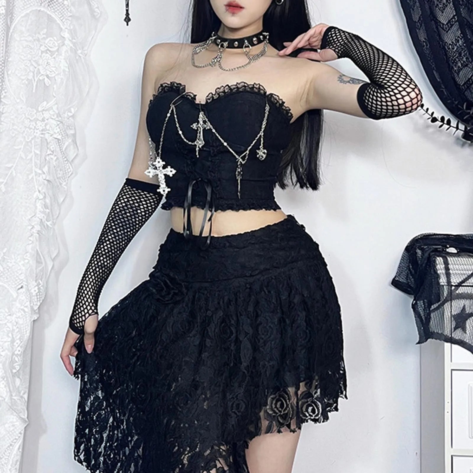 Dark Chain Style Chest Gothic Crop Top Tube Sexy Wrapped Top