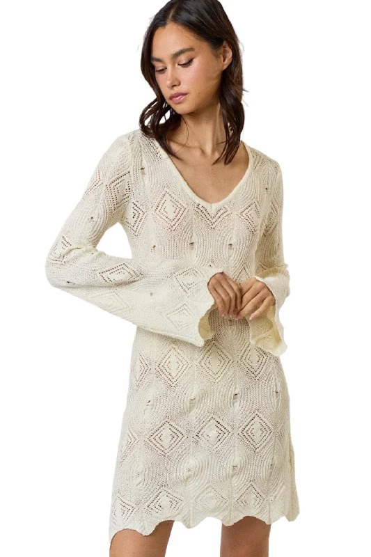 CROCHET BELL SLEEVE V-NECK SWEATER COVER UP DRESS