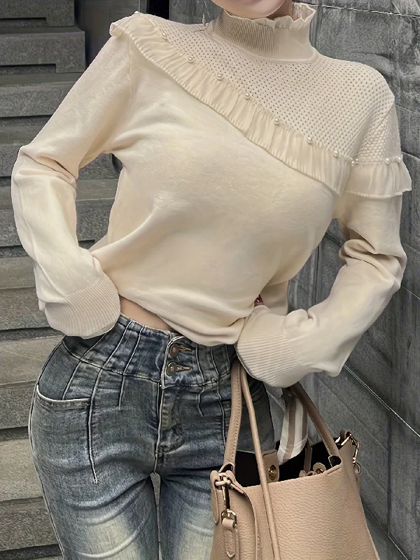 Sixsr Beaded Lace Trim Turtle Neck Knitted Top, Elegant Long Sleeve Slim Sweater For Spring & Fall, Women's Clothing