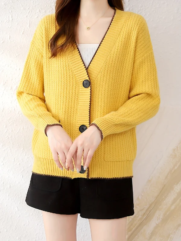 Sixsr V Neck Button Up Rib Knit Cardigan, Elegant Long Sleeve Sweater With Pocket, Women's Clothing