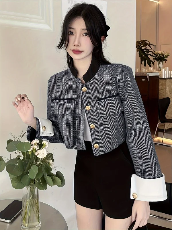 Sixsr Contrast Trim Single Breasted Jacket, Elegant Long Sleeve Stand Collar Outwear For Fall & Winter, Women's Clothing