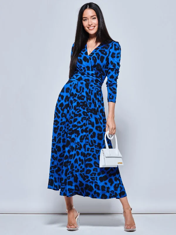 Animal Print Long Sleeve Maxi Dress, Blue Animal