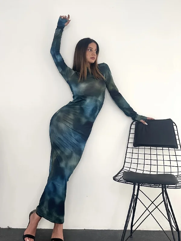 Sixsr Tie Dye Long Sleeve Bodycon Dress, Y2K Crew Neck Maxi Dress, Women's Clothing