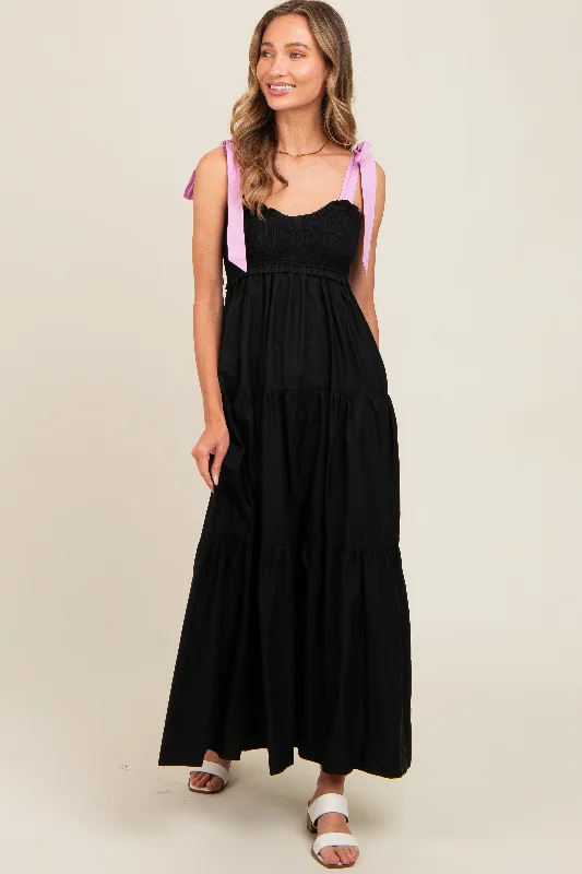 Black Contrast Shoulder Straps Maxi Dress