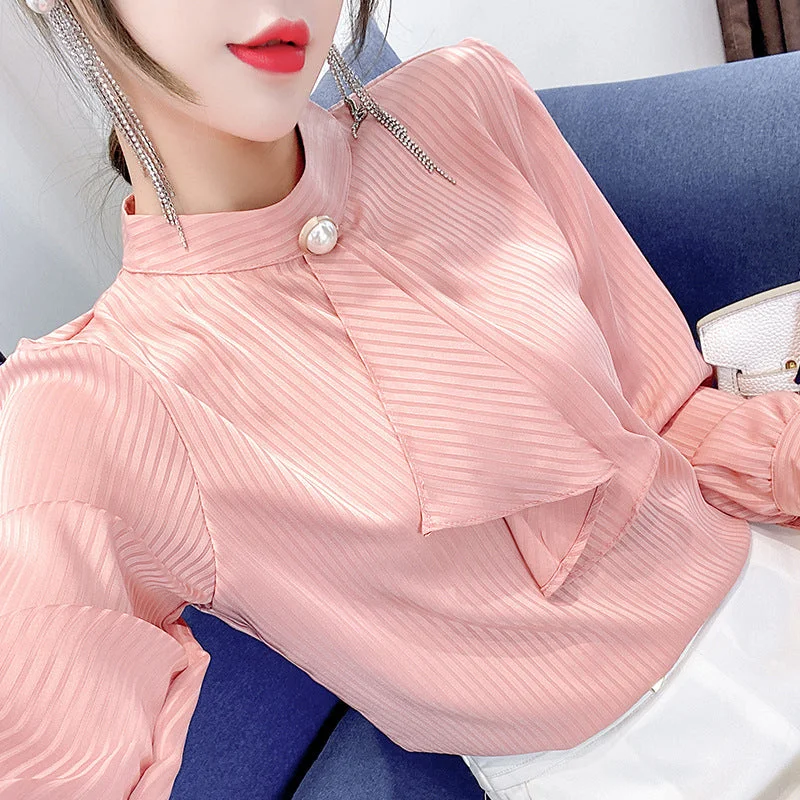 Julia Fashion - Women Pearl Beading Long Sleeve T-shirts