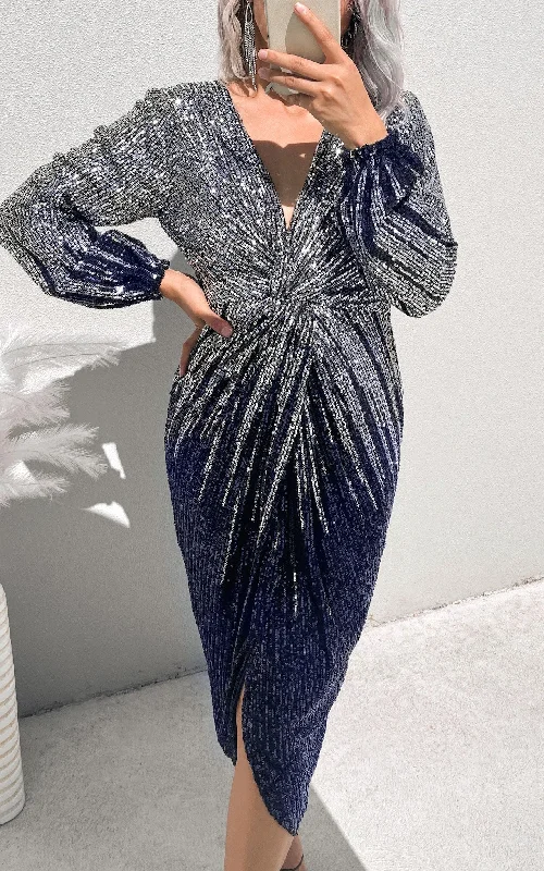 Showstopper Midi Dress - Silver Navy Sequin Ombre