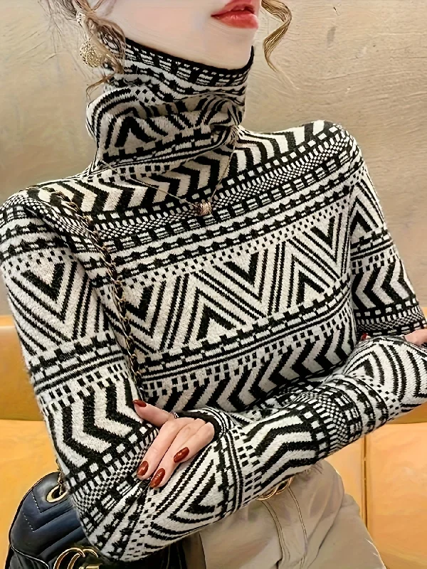 Sixsr Geo Pattern Turtle Neck Pullover Sweater, Elegant Long Sleeve Fashion Slim Sweater, Women's Clothing