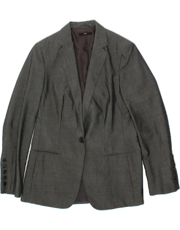 HUGO BOSS Womens 1 Button Blazer Jacket UK 14 Large Grey Virgin Wool