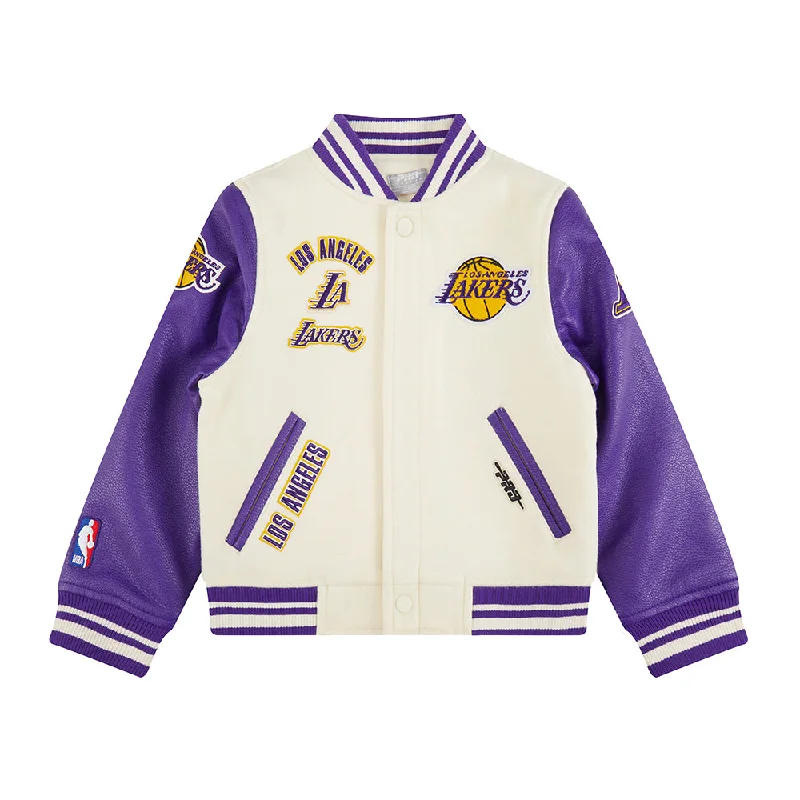 NBA LOS ANGELES LAKERS RETRO CLASSIC LITTLE BOYS RIB WOOL VARSITY JACKET (EGGSHELL/ PURPLE)